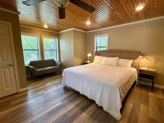Bedroom, Interior, Recessed Lighting, Wooden Ceilings, Wood Texture Flooring