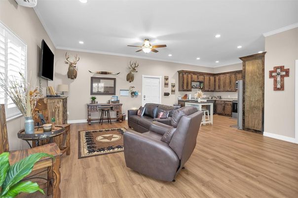 Interior, Kitchen, Living room, Recessed Lighting, Wood Texture Flooring