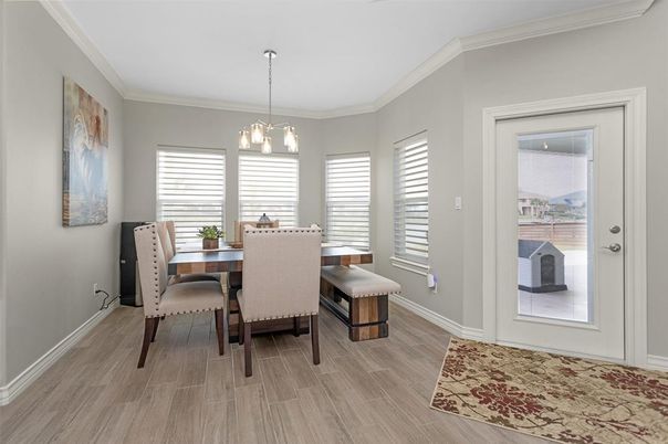 Dining room, Interior, Pendant Lights, Wood Texture Flooring