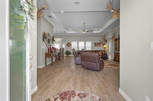Dining room, Interior, Living room, Pendant Lights, Recessed Lighting, Wood Texture Flooring
