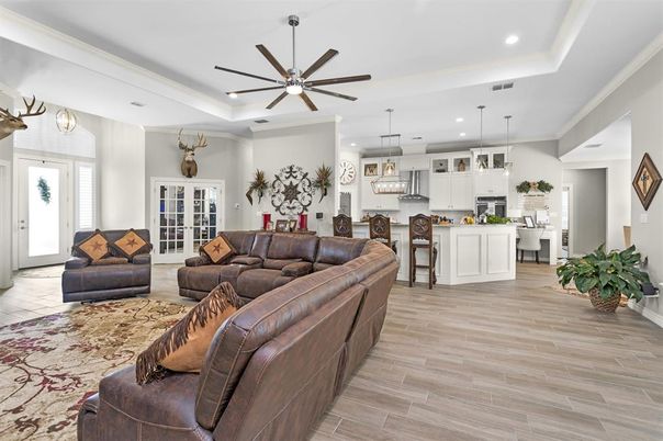 Interior, Kitchen, Living room, Pendant Lights, Recessed Lighting, Wood Texture Flooring