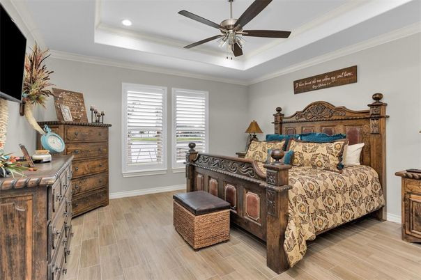 Bedroom, Interior, Recessed Lighting, Wood Texture Flooring