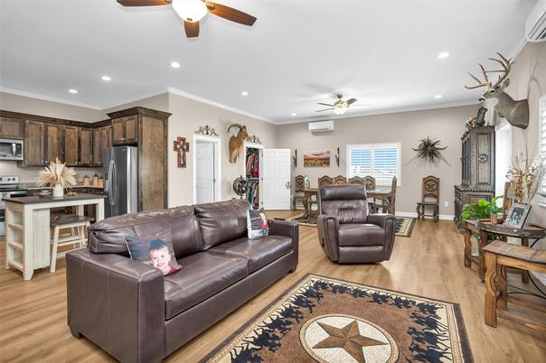Interior, Kitchen, Living room, Recessed Lighting, Stainless Steel Appliances, Wood Texture Flooring