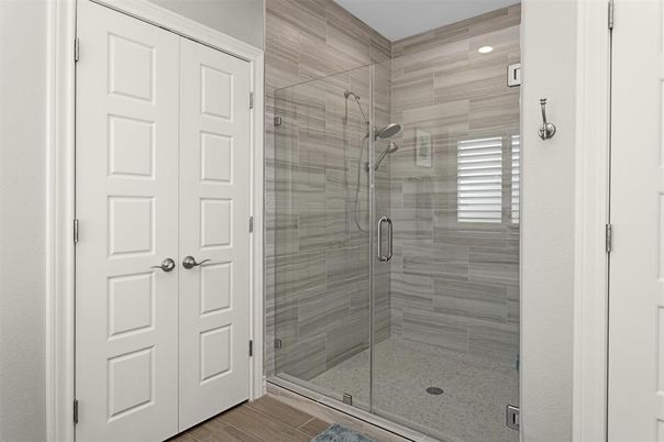 Bathroom, Glass Shower, Interior, Recessed Lighting, Wood Texture Flooring