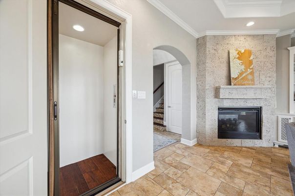 Fireplace, Interior, Recessed Lighting, Wood Texture Flooring