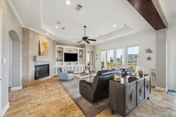 Fireplace, Interior, Living room, Recessed Lighting, Stone Walls