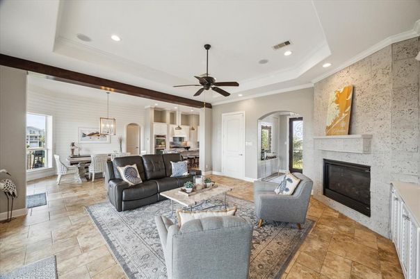 Dining room, Fireplace, Interior, Kitchen, Living room, Pendant Lights, Recessed Lighting