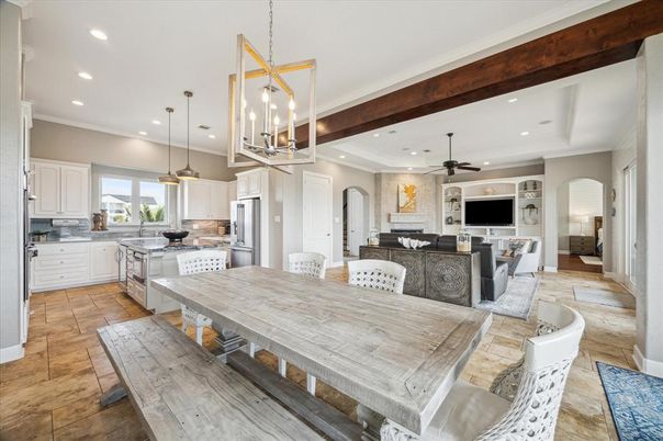 Dining room, Interior, Kitchen, Living room, Pendant Lights, Recessed Lighting, Stainless Steel Appliances, Wooden Beams