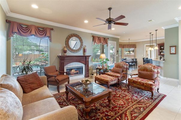 Dining room, Fireplace, Interior, Living room, Pendant Lights, Recessed Lighting