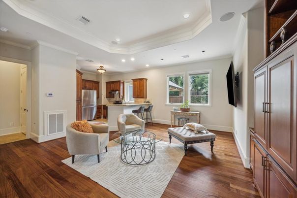 Interior, Kitchen, Living room, Recessed Lighting, Stainless Steel Appliances, Wood Texture Flooring