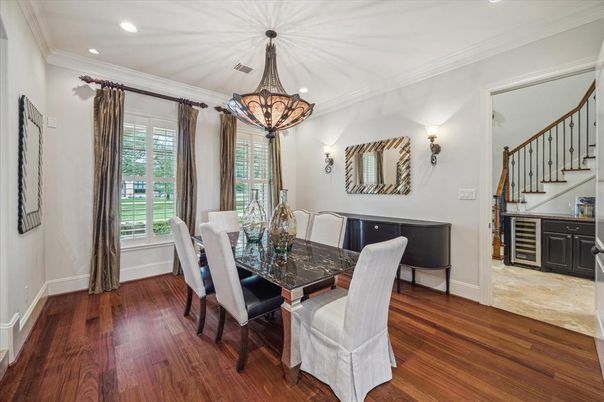 Dining room, Interior, Recessed Lighting, Wood Texture Flooring