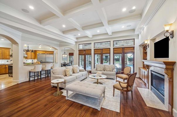 Fireplace, Interior, Kitchen, Living room, Pendant Lights, Recessed Lighting, Wood Texture Flooring