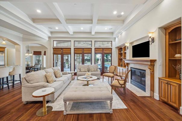 Dining room, Fireplace, Interior, Living room, Pendant Lights, Recessed Lighting, Wood Texture Flooring