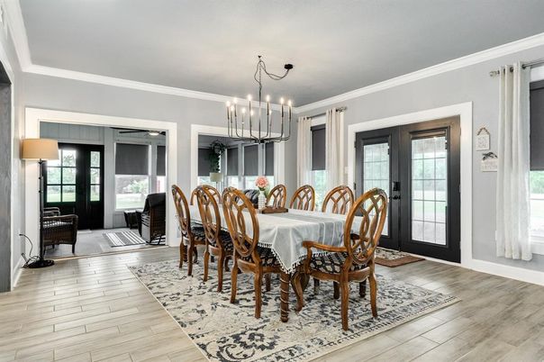 Dining room, Interior, Pendant Lights, Wood Texture Flooring