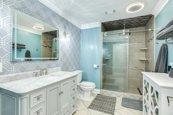 Bathroom, Glass Shower, Interior, Recessed Lighting