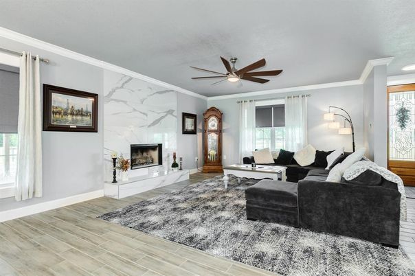 Fireplace, Interior, Living room, Marble Walls, Wood Texture Flooring