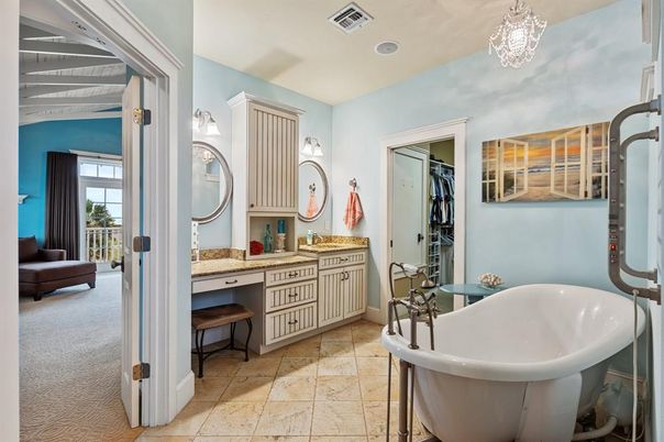 Bathroom, Chandelier, Dual Sink Vanities, Free Standing Baths, Interior, Pendant Lights, Recessed Lighting