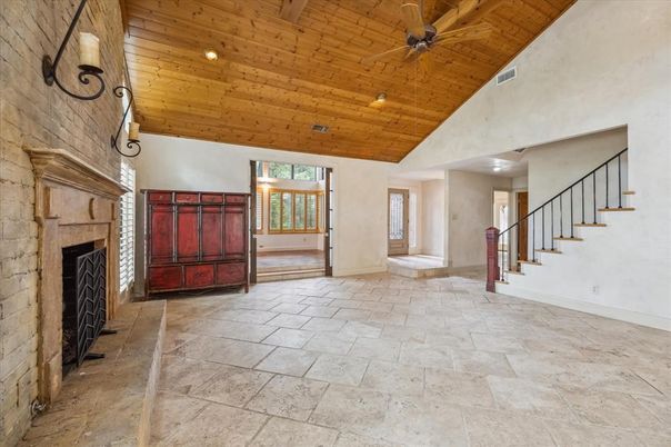 Fireplace, Interior, Recessed Lighting, Wooden Ceilings
