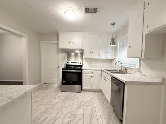 Interior, Kitchen, Marble, Pendant Lights, Stainless Steel Appliances