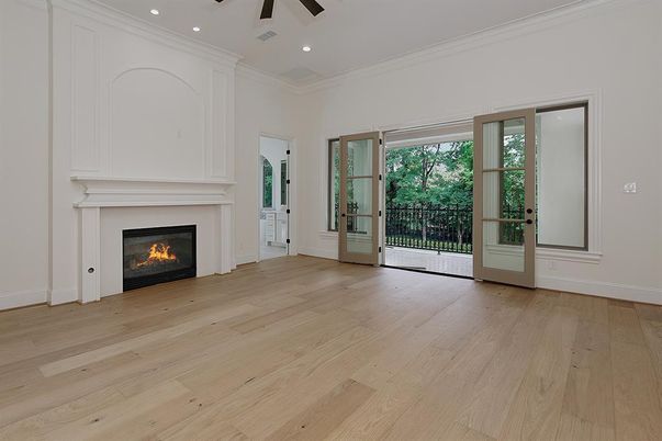 Empty room, Fireplace, Interior, Recessed Lighting, Wood Texture Flooring