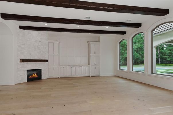 Empty room, Fireplace, Interior, Recessed Lighting, Wooden Beams, Wood Texture Flooring