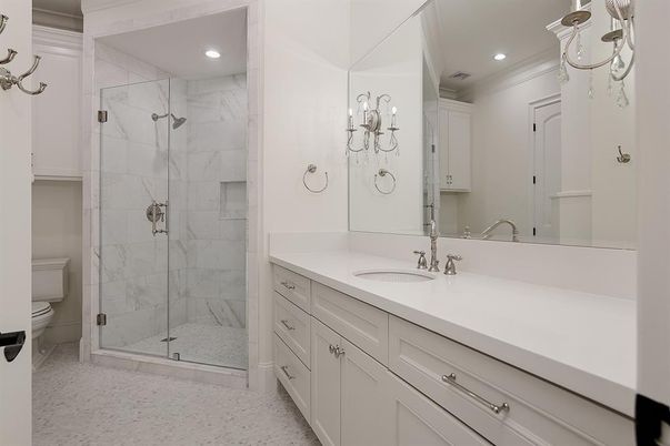 Bathroom, Dual Sink Vanities, Glass Shower, Interior, Marble Walls, Recessed Lighting