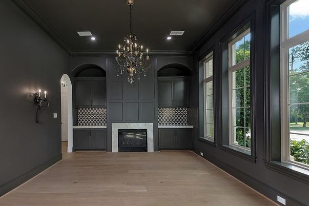 Chandelier, Fireplace, Interior, Kitchen, Recessed Lighting, Wood Texture Flooring