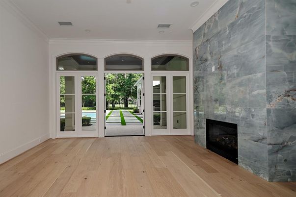 Empty room, Fireplace, Interior, Recessed Lighting, Wood Texture Flooring