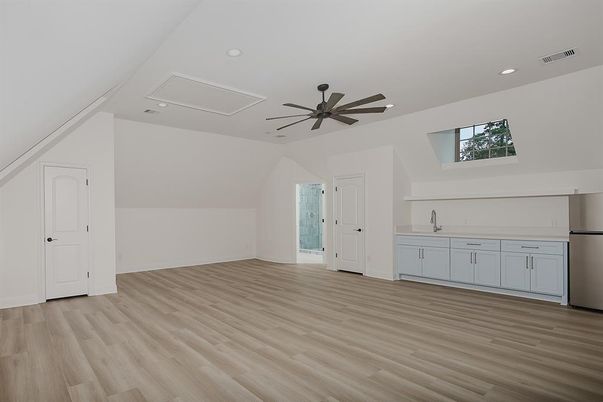 Empty room, Interior, Kitchen, Recessed Lighting, Wood Texture Flooring