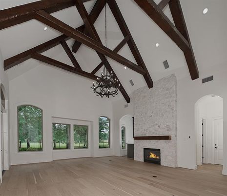 Chandelier, Fireplace, Interior, Stone Walls, Wooden Beams, Wood Texture Flooring
