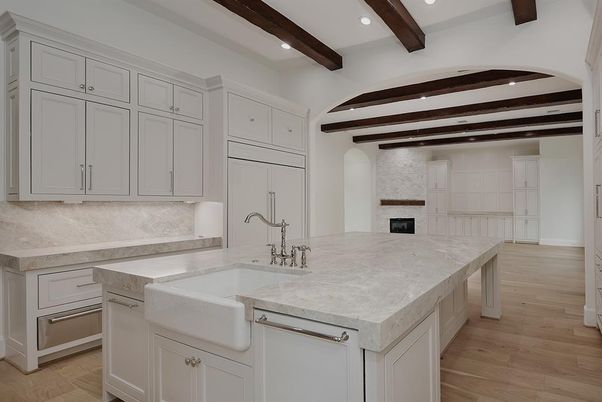 Fireplace, Interior, Kitchen, Recessed Lighting, Wooden Beams, Wood Texture Flooring
