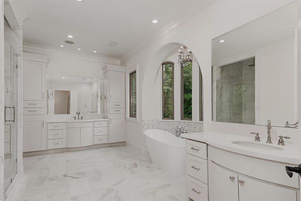 Bathroom, Dual Sink Vanities, Free Standing Baths, Glass Shower, Interior, Marble, Recessed Lighting