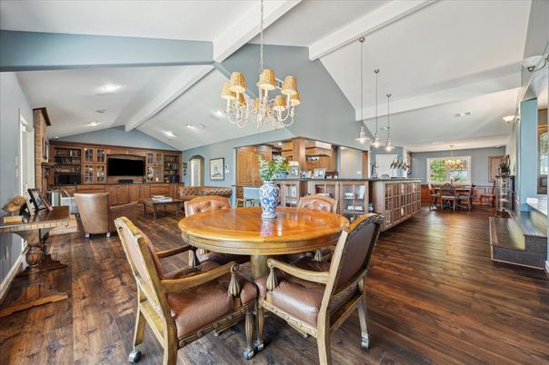 Chandelier, Dining room, Interior, Living room, Pendant Lights, Recessed Lighting, Wood Texture Flooring