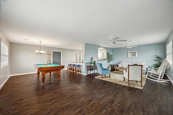 Billiard Table, Chandelier, Dining room, Game Room, Interior, Living room, Recessed Lighting, Wood Texture Flooring