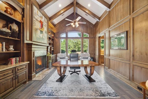 Fireplace, Home Office, Interior, Recessed Lighting, Wooden Beams, Wood Texture Flooring, Wooden Walls