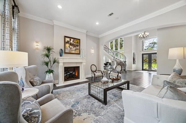 Chandelier, Fireplace, Interior, Living room, Recessed Lighting, Wood Texture Flooring