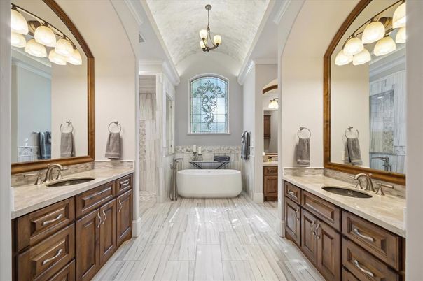 Bathroom, Dual Sink Vanities, Free Standing Baths, Interior, Marble, Pendant Lights