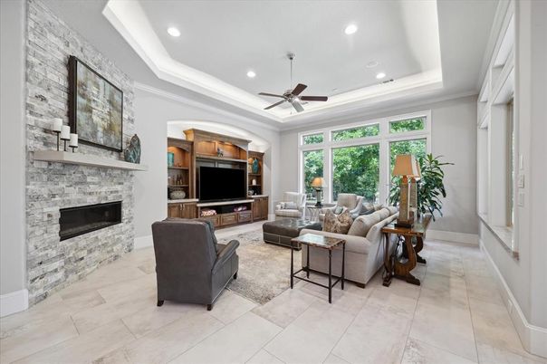 Fireplace, Interior, Living room, Recessed Lighting, Stone Walls