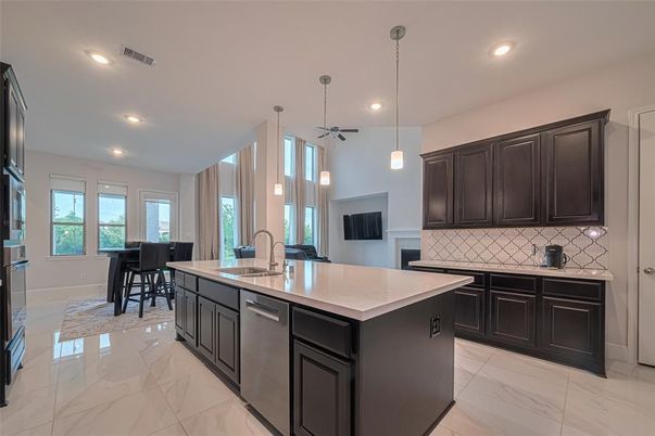 Dining room, Interior, Kitchen, Marble, Pendant Lights, Recessed Lighting, Stainless Steel Appliances