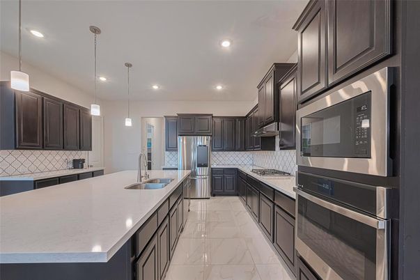 Interior, Kitchen, Marble, Pendant Lights, Recessed Lighting, Stainless Steel Appliances