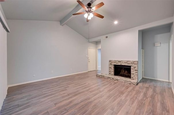 Empty room, Fireplace, Interior, Recessed Lighting, Wood Texture Flooring