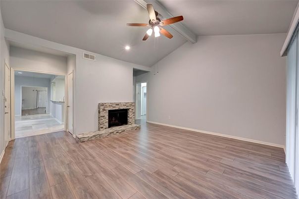 Empty room, Fireplace, Interior, Recessed Lighting, Wood Texture Flooring