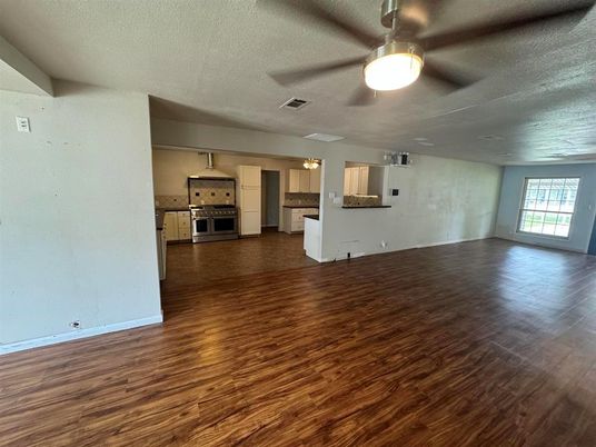 Empty room, Interior, Kitchen, Stainless Steel Appliances, Wood Texture Flooring