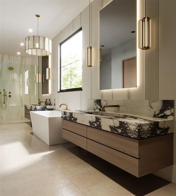 Bathroom, Dual Sink Vanities, Free Standing Baths, Glass Shower, Interior, Pendant Lights, Recessed Lighting