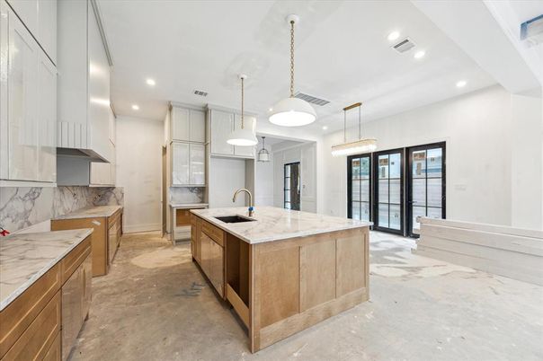 Interior, Kitchen, Marble Walls, Pendant Lights, Recessed Lighting