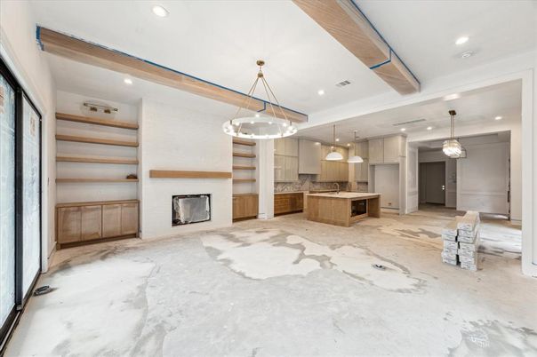Empty room, Fireplace, Interior, Kitchen, Pendant Lights, Recessed Lighting