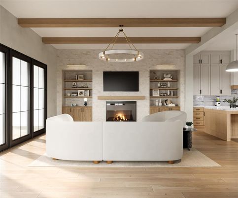 Fireplace, Interior, Living room, Pendant Lights, Stone Walls, Wooden Beams, Wood Texture Flooring