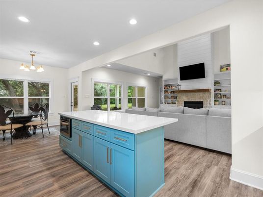 Dining room, Fireplace, Interior, Kitchen, Living room, Pendant Lights, Recessed Lighting, Wood Texture Flooring