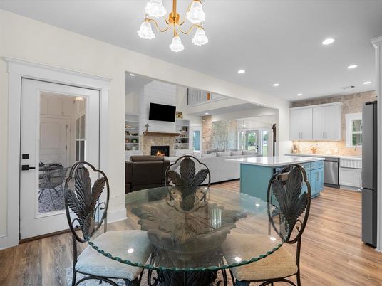 Dining room, Fireplace, Interior, Kitchen, Living room, Recessed Lighting, Wood Texture Flooring