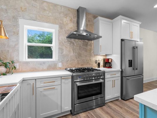 Interior, Kitchen, Stainless Steel Appliances, Stone Walls, Wood Texture Flooring